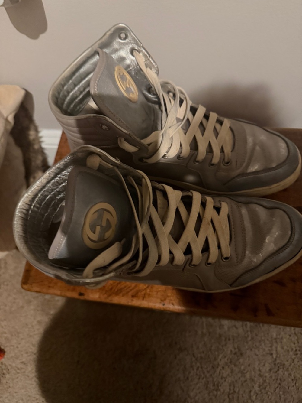 Gucci Men's High-Top Sneakers in Light Gray with Cream Laces